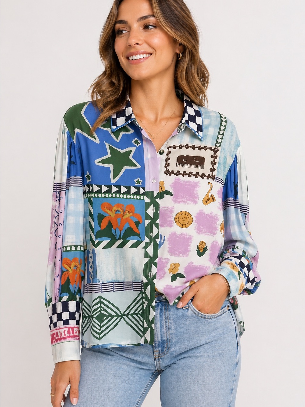 Casual Patchwork Button-Up Shirt - Multicolor